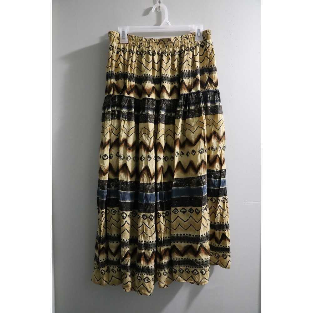 Pine Cove Vintage Southwestern Tribal Maxi Skirt Large Tan Viscose Tiered USA